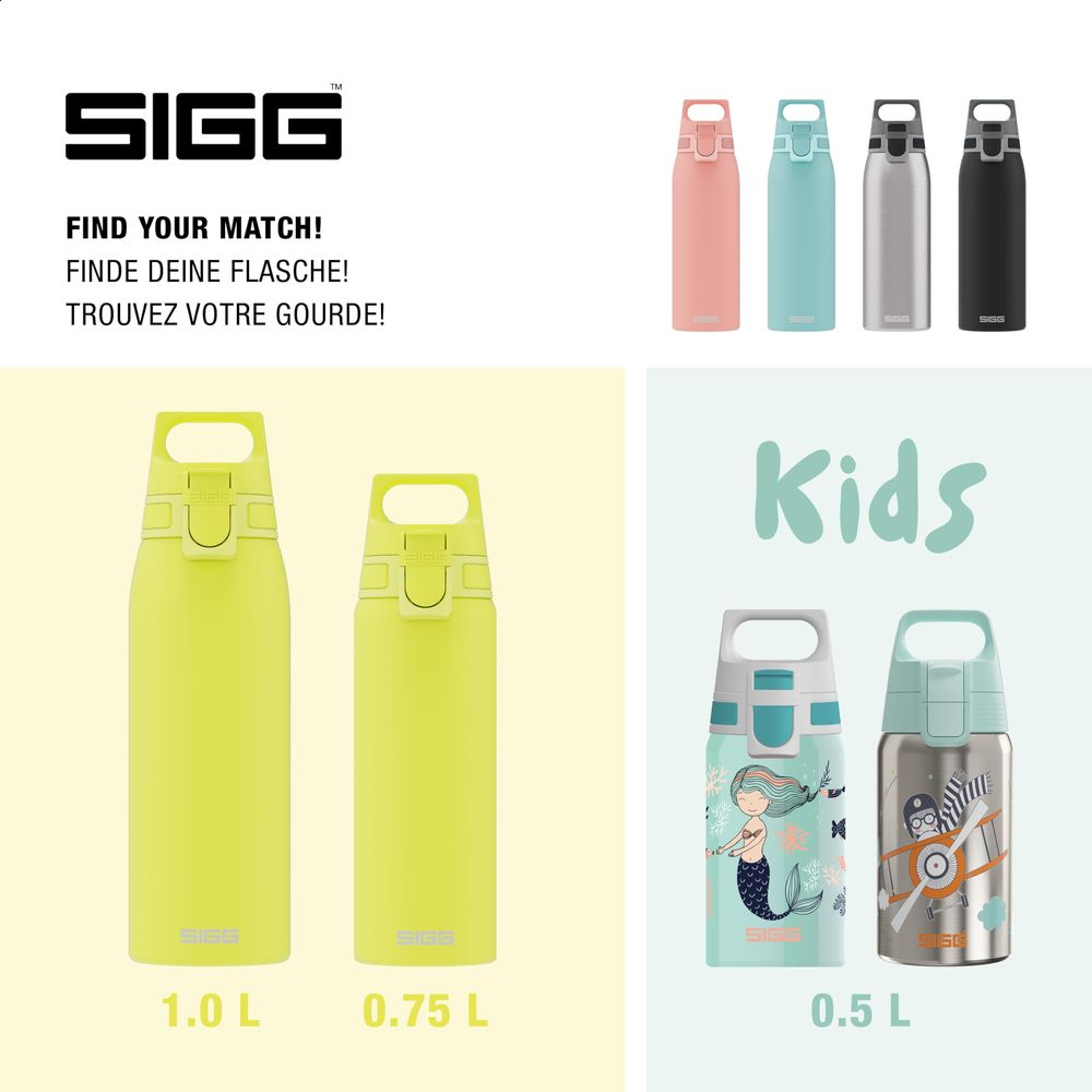 SIGG Flaschen: zwei Gelbe 1.0 L und 0.75 L, vier oben, und zwei Kinderflaschen.