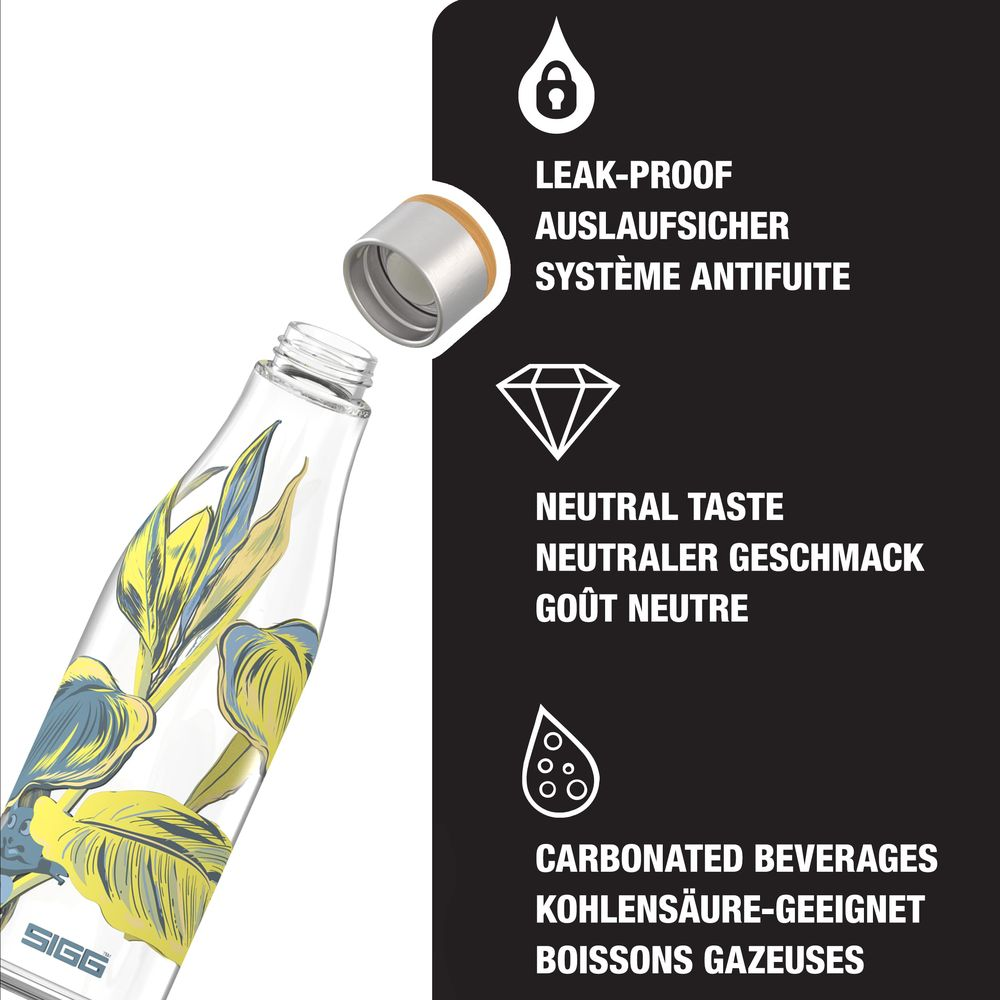 Eine SIGG-Flasche mit Deckel, die ein tropfsicheres, neutrales und kohlensäurehaltiges Getränk anzeigt.