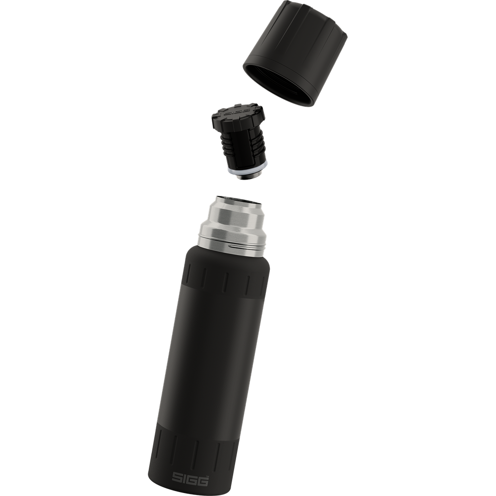Schwarze Thermoskanne mit silbernem Hals, Kappe und Stöpsel abnehmbar.