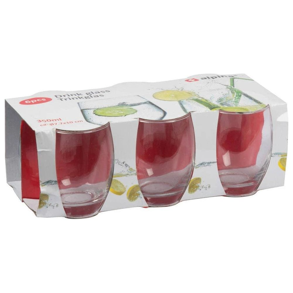 Sechs rote Trinkgläser in einer Pappverpackung mit Zitronenscheiben-Design.
