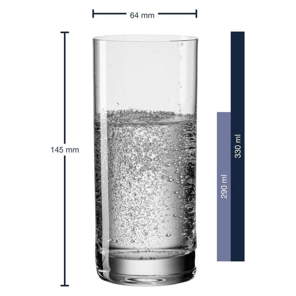 Ein Glas mit 64mm Durchmesser und 145mm Höhe, gefüllt mit sprudelndem Wasser.