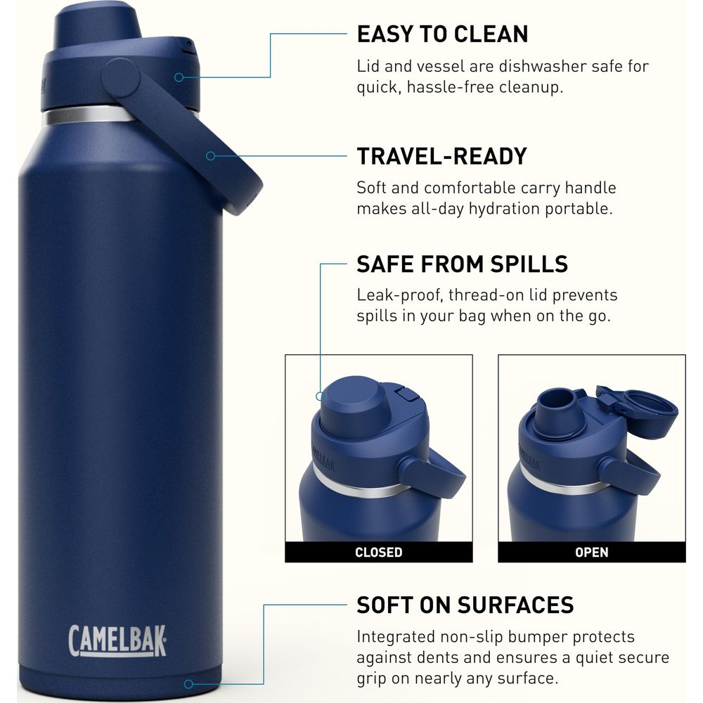 Dunkelblaue Camelbak-Flasche mit Griff und detaillierten Merkmalen.