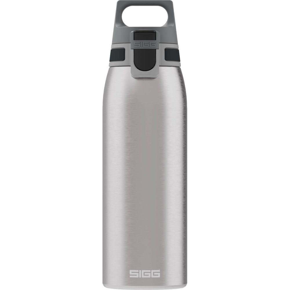 Silberne SIGG-Trinkflasche mit grauem Deckel und Tragegriff.