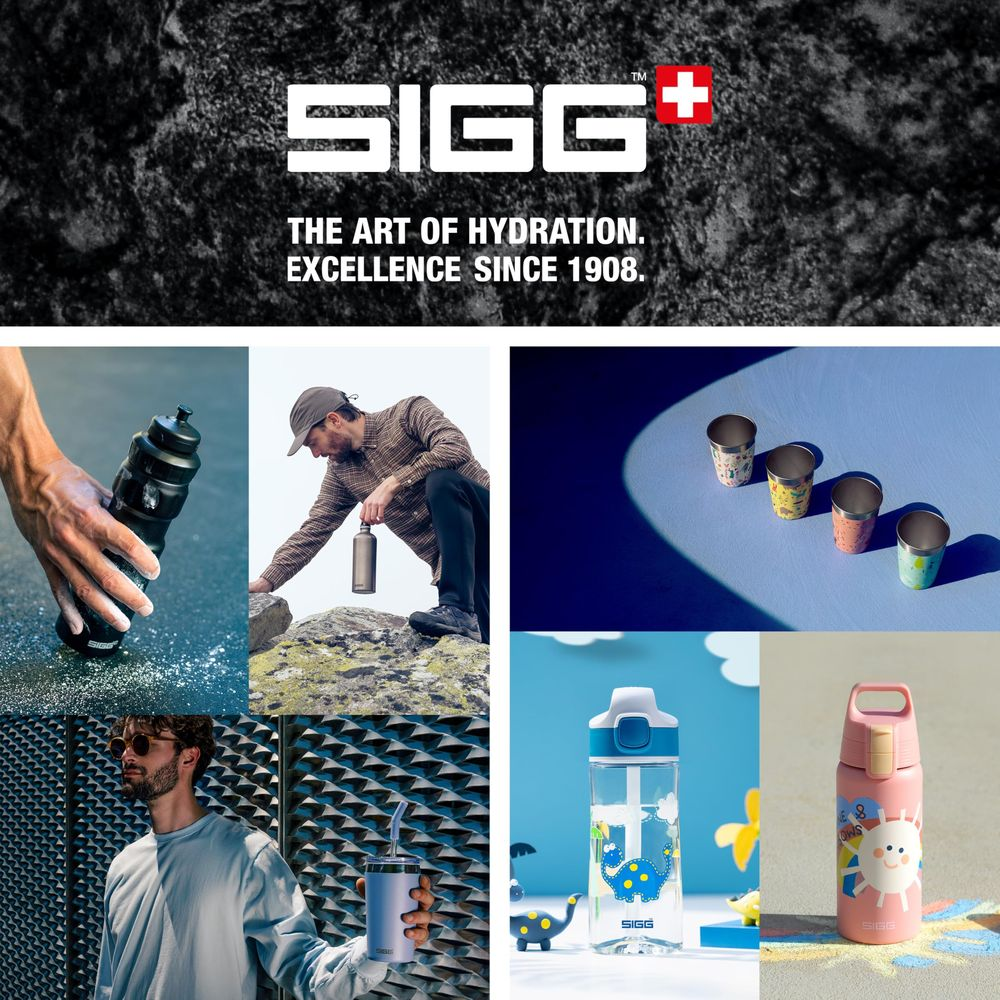 SIGG-Logo, Slogan, und Bilder von Wasserflaschen und Bechern.