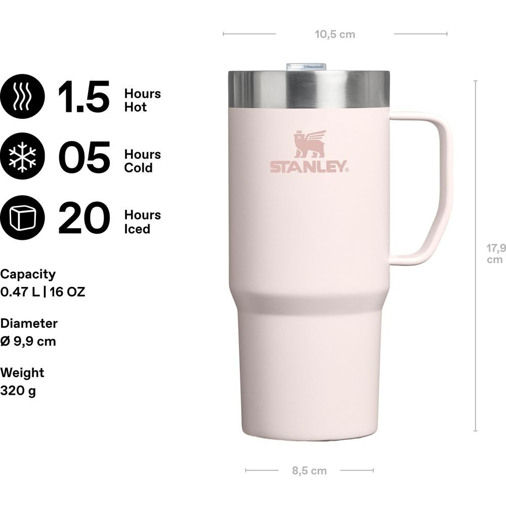 Ein blassrosa Stanley-Becher mit Griff und silbernem Deckel. Maße sind angegeben.