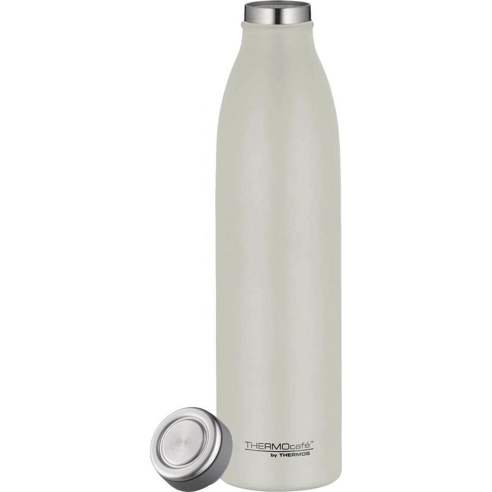 Eine cremefarbene Thermosflasche mit silbernem Deckel daneben.