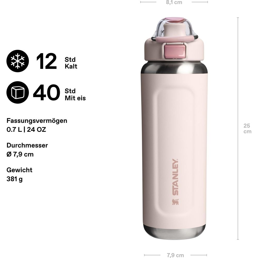 Eine rosafarbene Stanley-Flasche, 25 cm hoch, 7,9 cm breit.