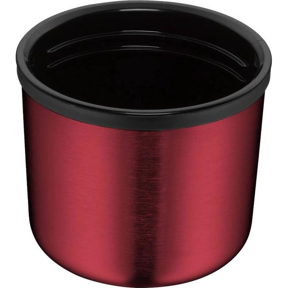 Ein roter Thermobecher mit schwarzem Rand und schwarzer Innenseite.