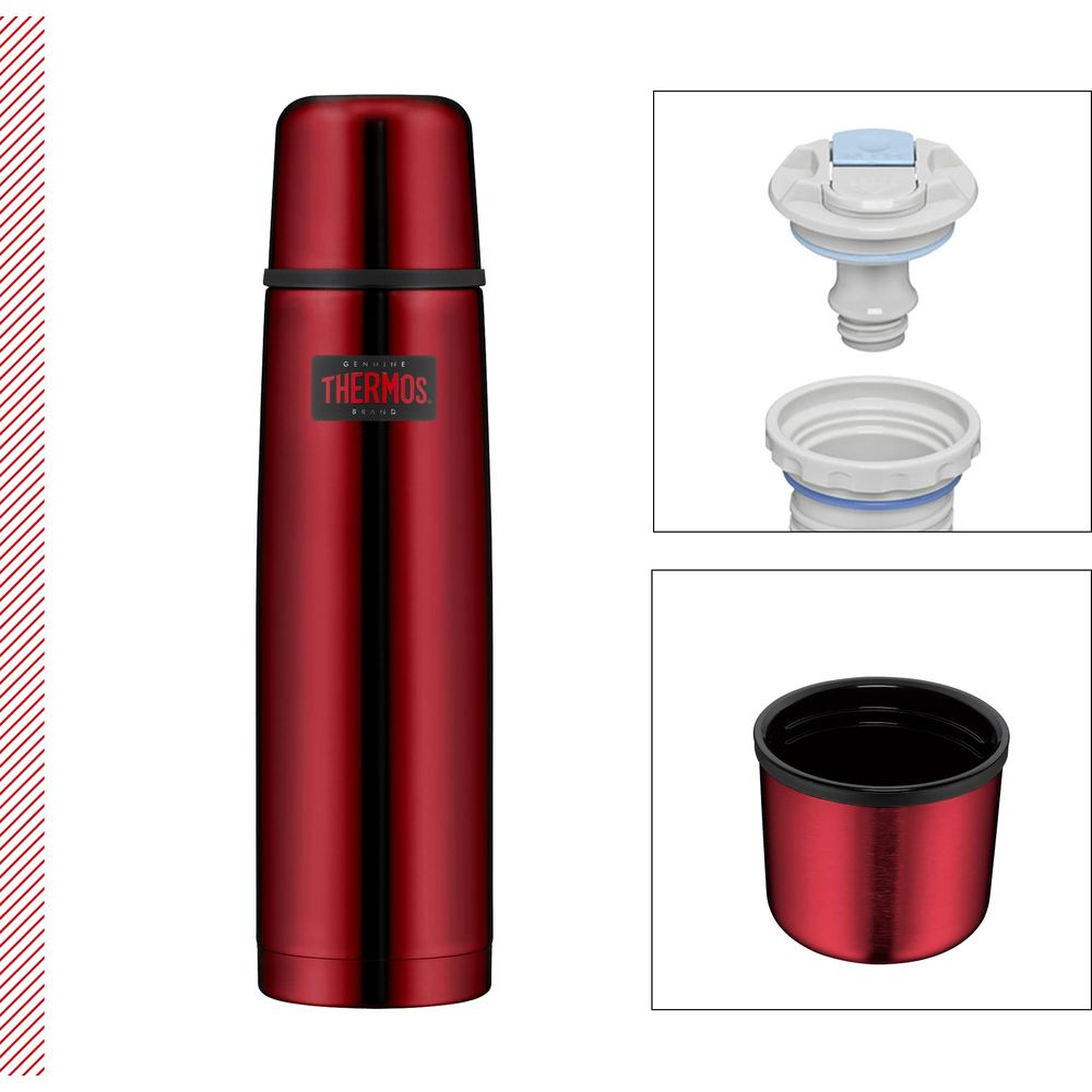 Roter Thermos-Behälter mit Deckel und separatem Ausgießer und Becher.