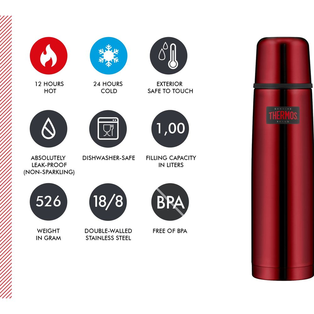 Rote Thermoskanne mit Icons: 12h heiß, 24h kalt, sicher, dicht, spülmaschinenfest, 1L, 526g, 18/8 Edelstahl, BPA-frei.