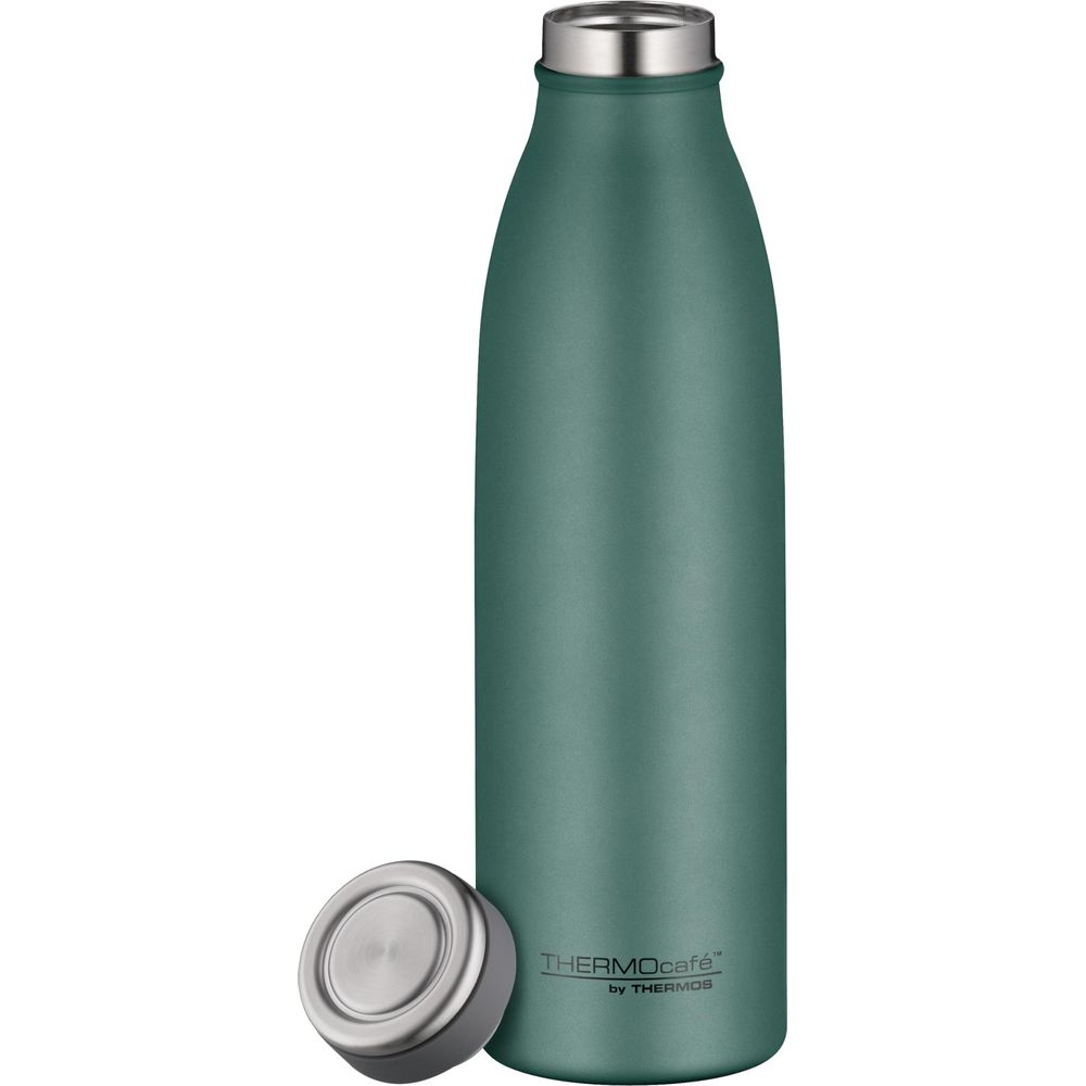 Eine grüne Thermosflasche mit silbernem Verschluss daneben.