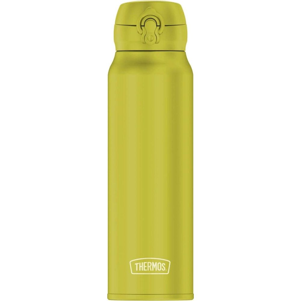 Eine hellgrüne Thermoskanne mit silbernem Deckel und sichtbarem Logo.