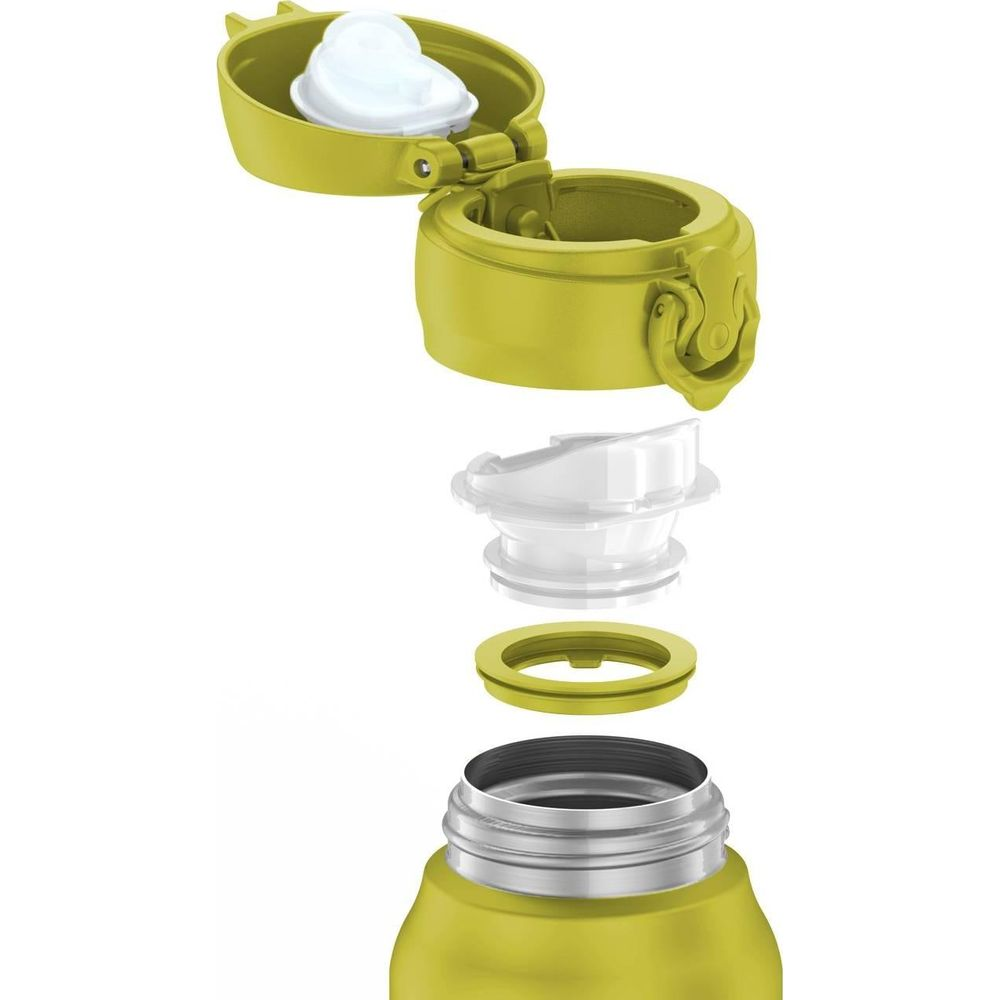 Zerlegte gelbe Wasserflasche mit offenem Deckel und weißem Ausguss.