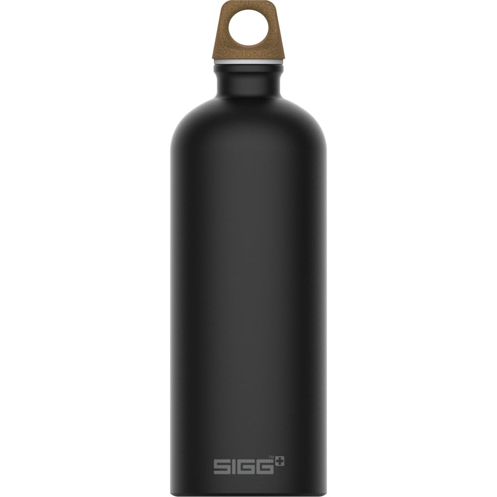 Schwarze Sig-Flasche mit braunem Griff oben.