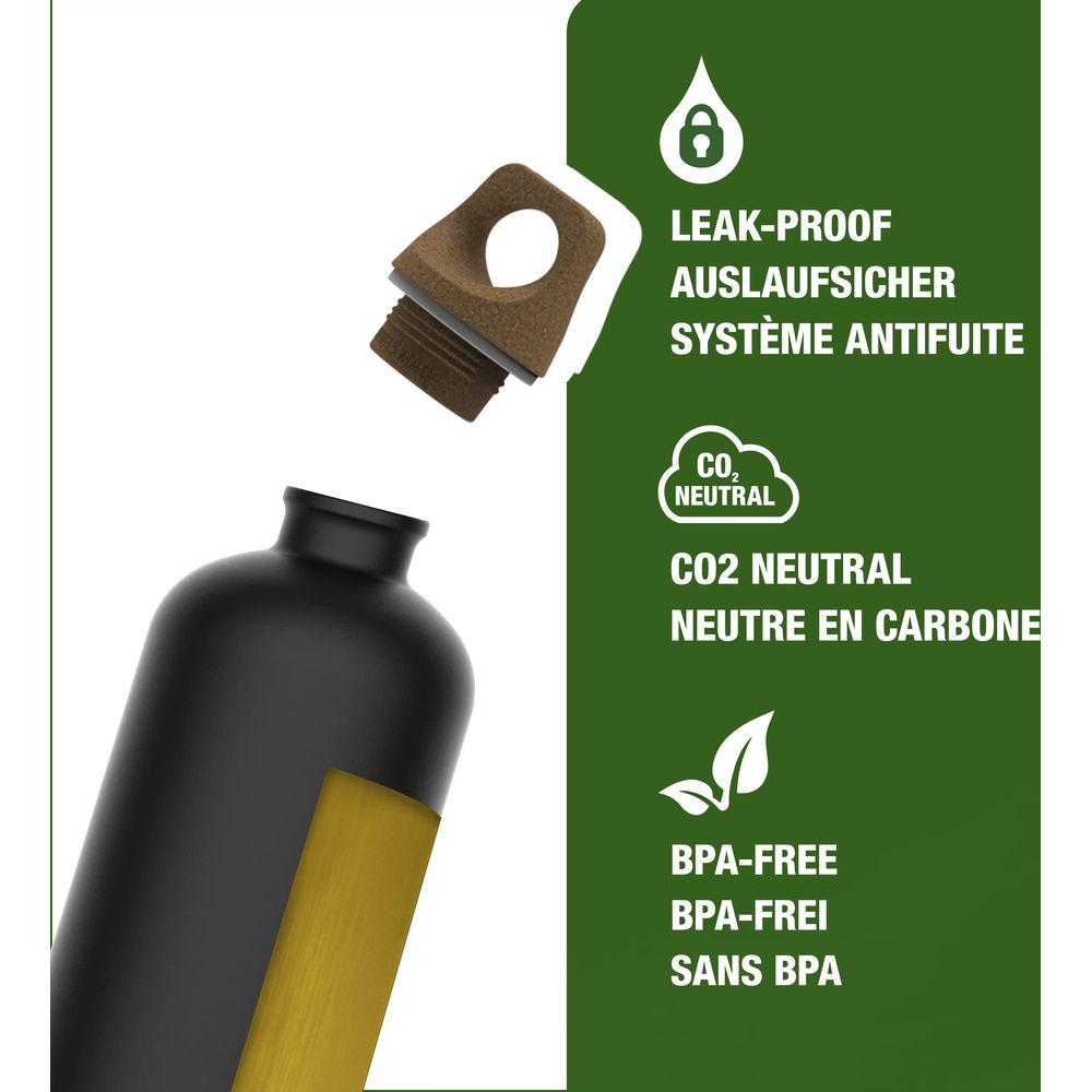 Schwarze Trinkflasche mit braunem Deckel. "LEAK-PROOF", "CO2 NEUTRAL", "BPA-FREE".