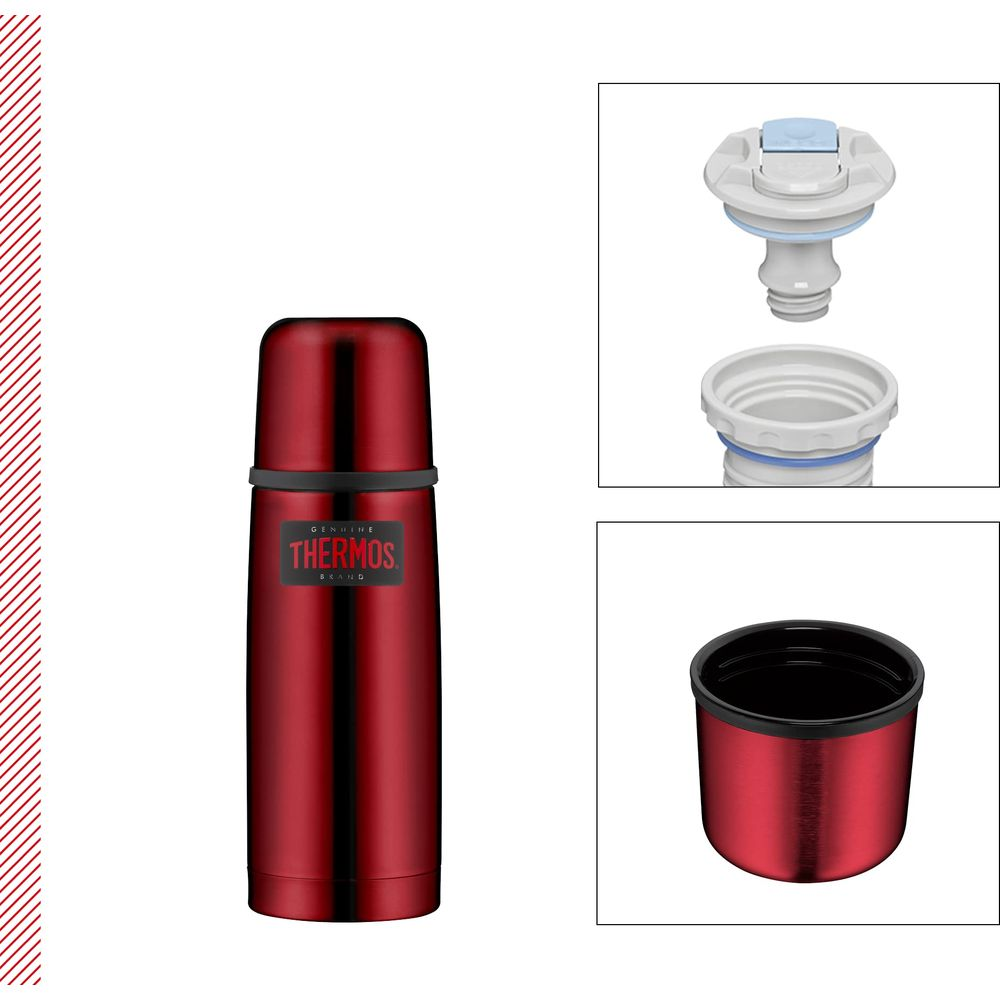 Rote Thermoskanne mit zerlegtem Deckel und Becher.