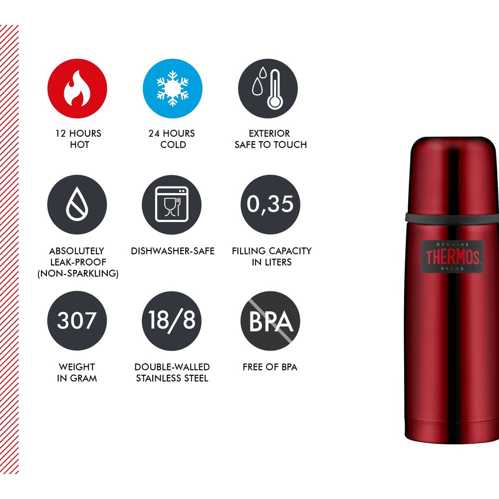 Rote Thermoskanne mit Icons: 12 Std. heiß, 24 Std. kalt, sicher, 0,35L.