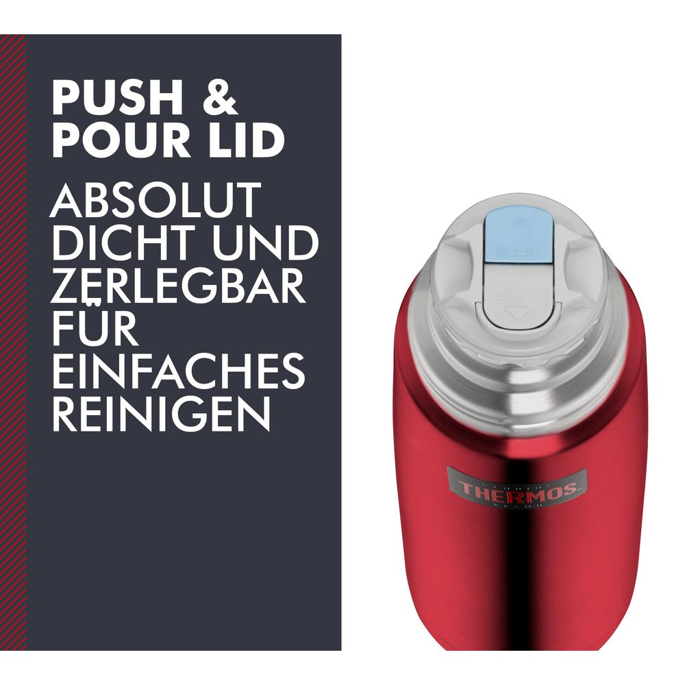 Rote Thermoskanne mit Push & Pour-Deckel, absolut dicht und zerlegbar.
