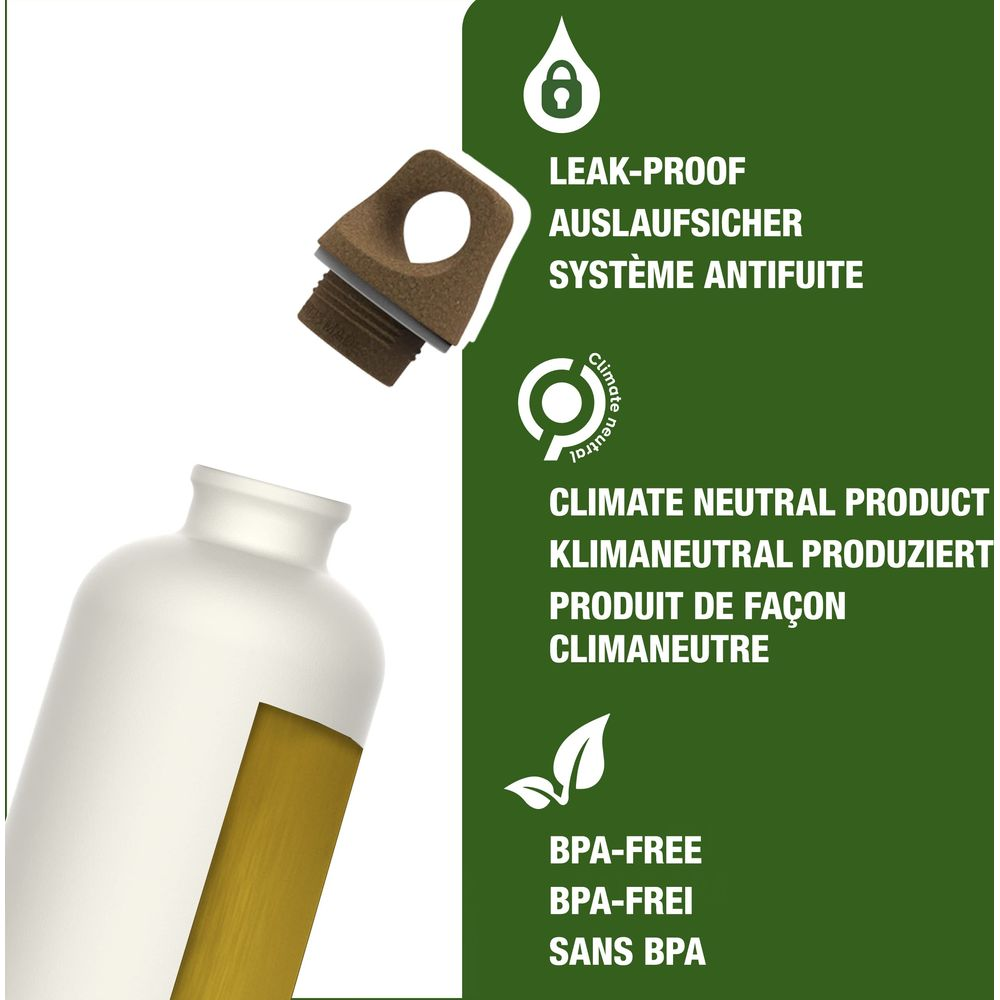 Eine weiße Flasche mit braunem Deckel. Text über Auslaufsicherheit, Klimaneutralität, BPA-Frei.