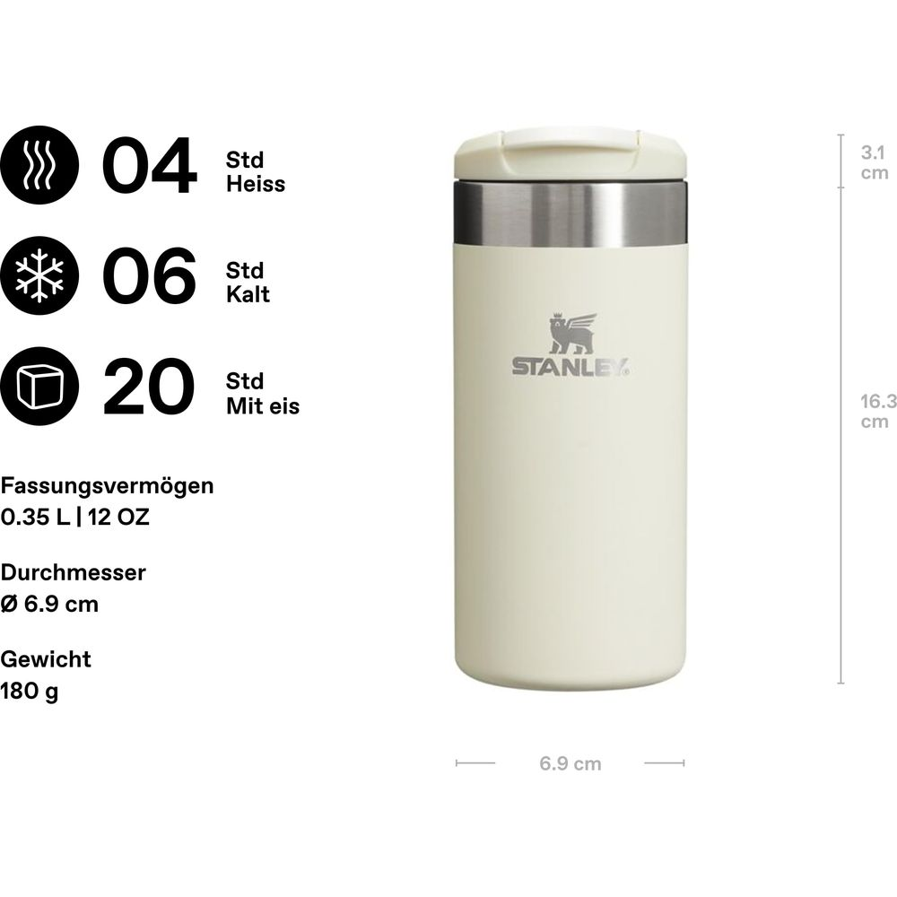 Eine cremefarbene Stanley-Flasche mit silbernem Deckel, 16,3cm hoch.