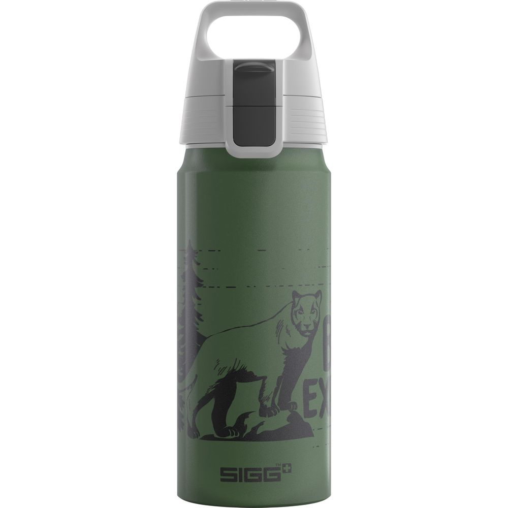 Grüne SIGG-Flasche mit Puma-Motiv und Wald-Szene.