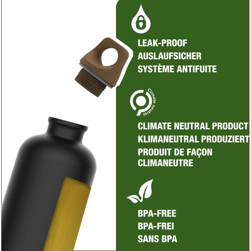 Schwarze Trinkflasche mit braunem Deckel, Aufschriften zu Auslaufsicherheit, Klimaneutralität & BPA-Frei.