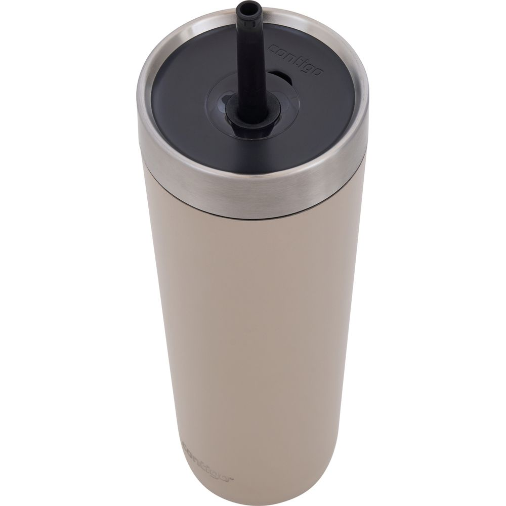 Eine beige Contigo-Trinkflasche mit schwarzem Deckel und Strohhalm.