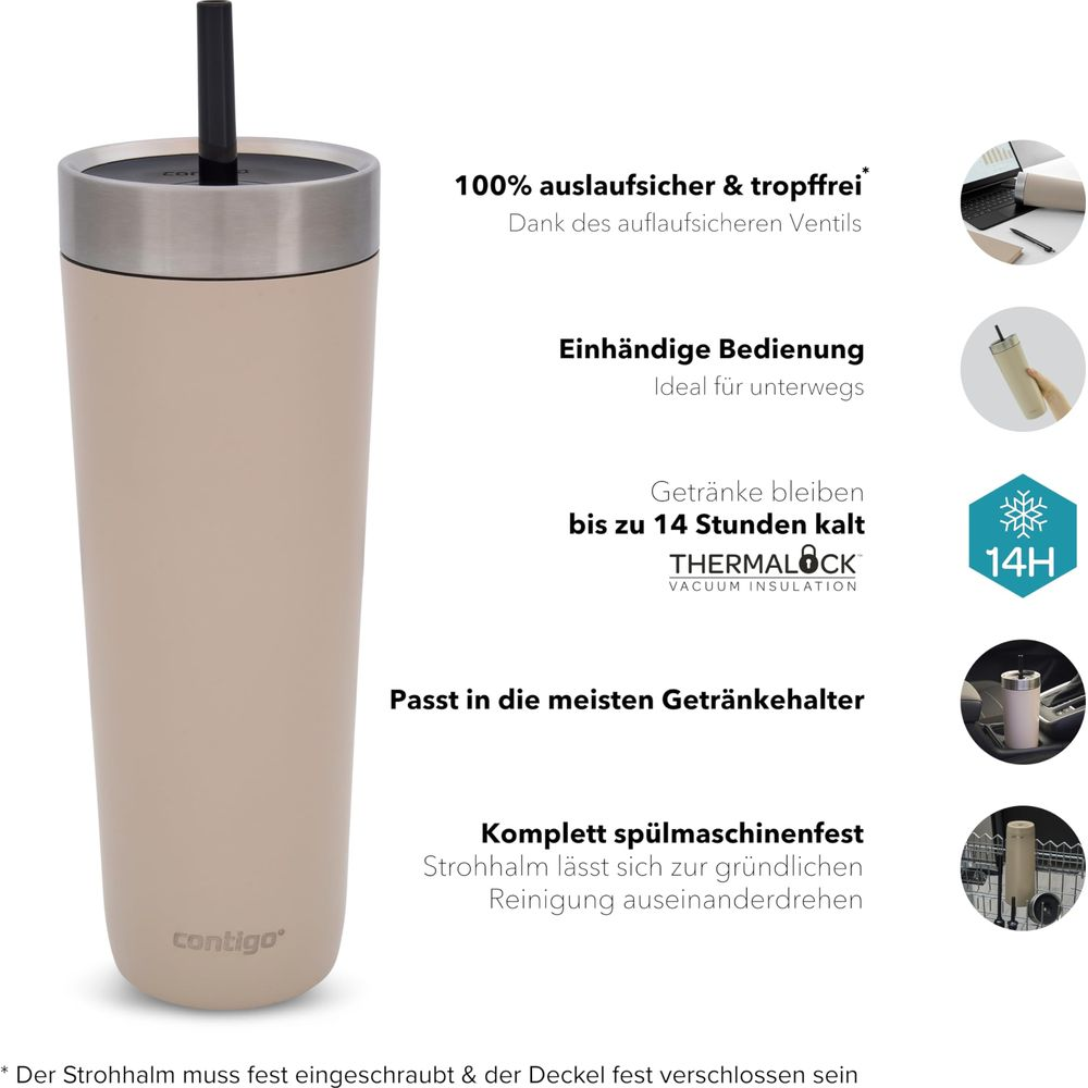Beige Contigo Becher mit schwarzem Strohhalm. Hält 14h kalt. Spülmaschinenfest.