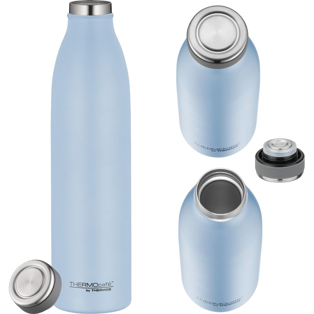 Eine hellblaue Thermosflasche mit silbernem Deckel, Ansichten von oben und unten.
