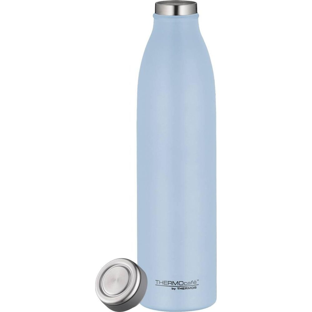 Eine hellblaue Thermosflasche mit silbernem Deckel und Logo.