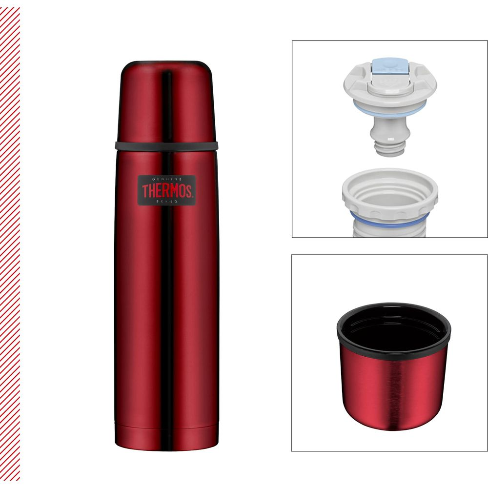 Rote Thermoskanne mit verschraubbarem Deckel und separatem Becher.