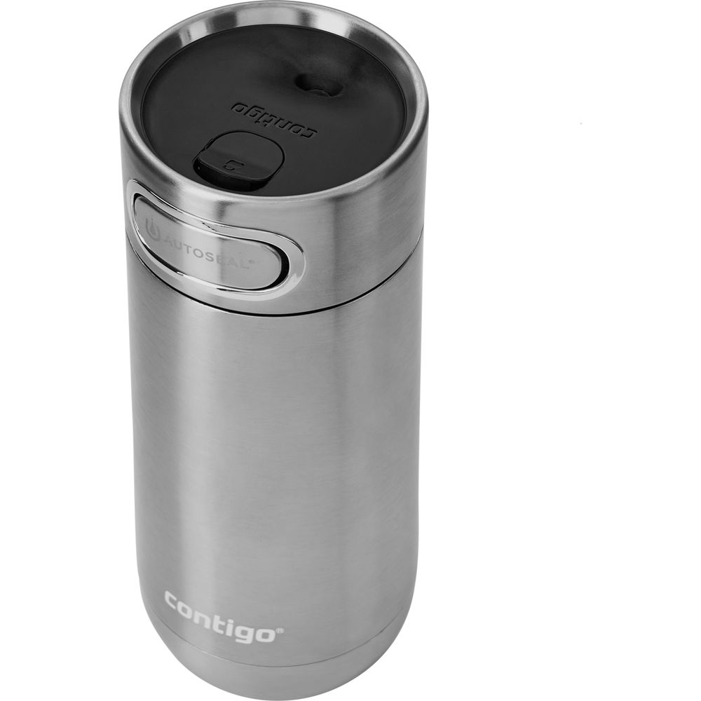 Ein silberner Contigo Autoseal Reisebecher mit schwarzem Deckel.