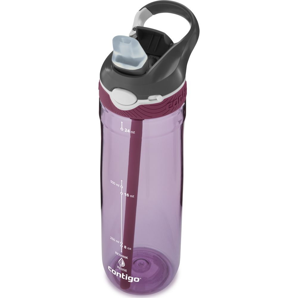 Una botella de agua morada transparente con tapa, asa y pajita grises.