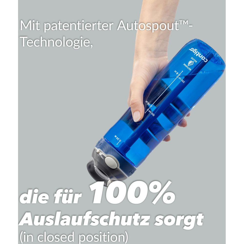 Botella de agua Contigo azul con tecnología Autospout y marcas de medida.