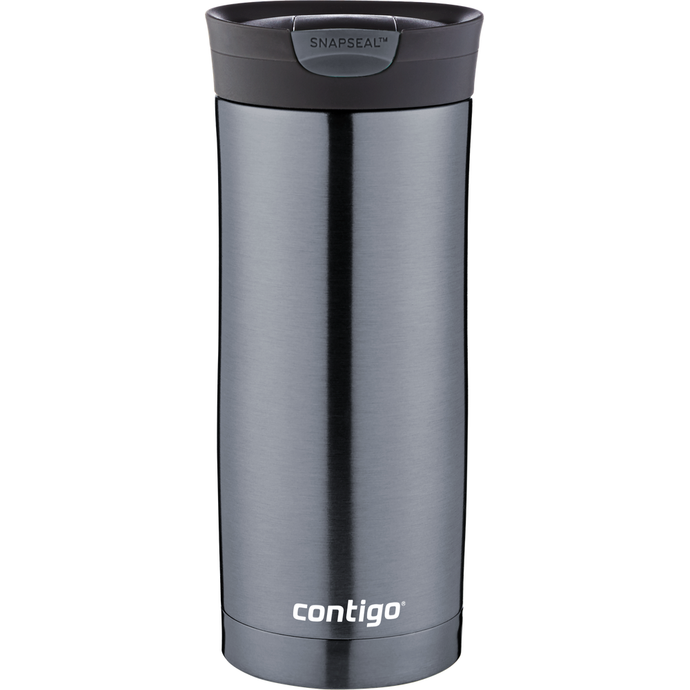 Un termo Contigo gris con tapa gris oscuro y texto SNAPSEAL.