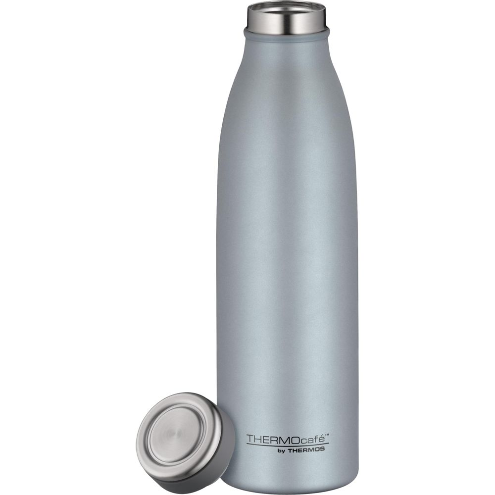 Eine graue Thermosflasche mit silbernem Deckel, der daneben liegt.