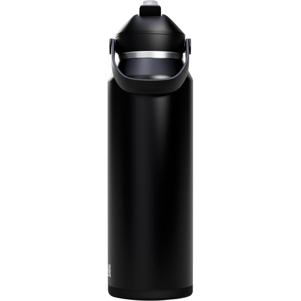 Schwarze isolierte Wasserflasche mit Griff und Drehverschluss.