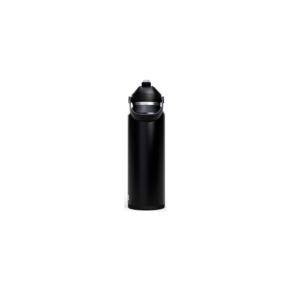 Schwarze Trinkflasche mit Henkel und Trinkaufsatz auf weißem Hintergrund.
