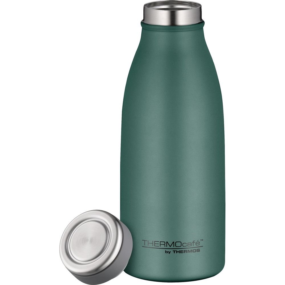 Eine grüne Thermosflasche mit silbernem Deckel, daneben liegt der abgenommene Deckel.