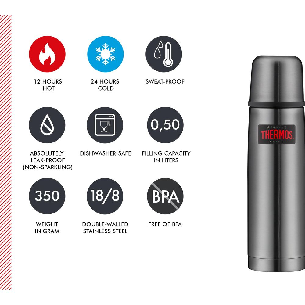 Thermoskanne mit Icons: 12h heiß, 24h kalt, schweißfest, auslaufsicher, spülmaschinenfest, 0,5L.