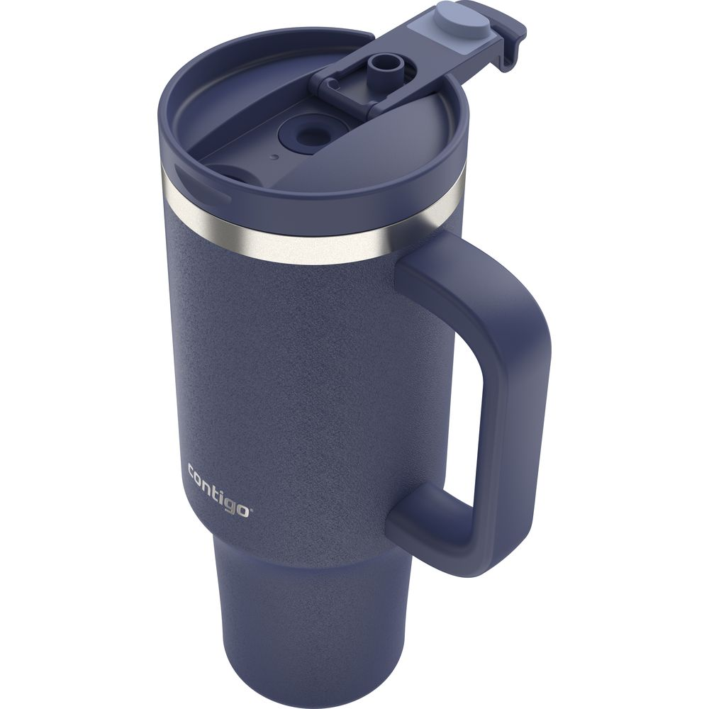 Dunkelblaue Thermoskanne mit Griff und silbernem Ring unter dem Deckel.