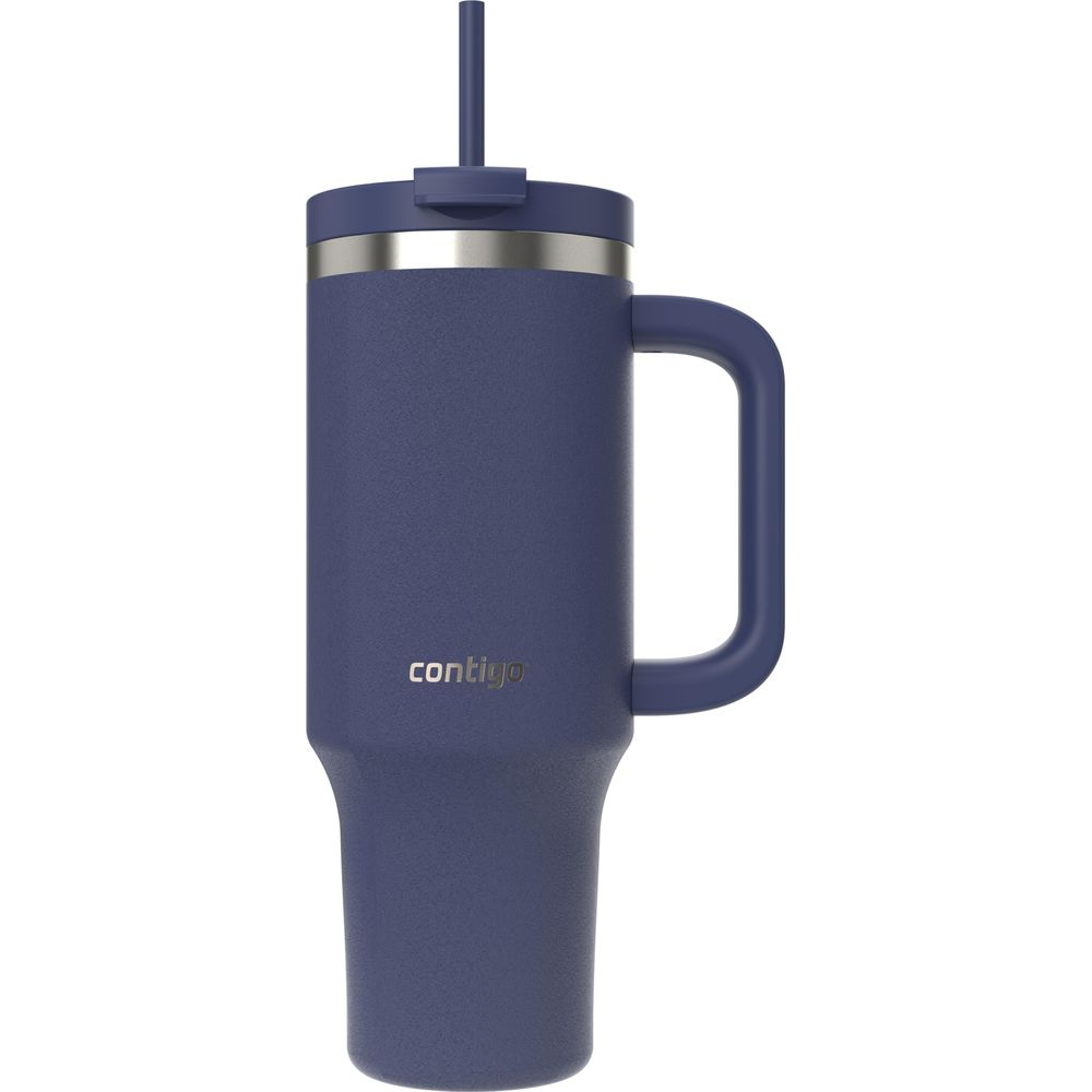 Dunkelblaue Thermoskanne mit Henkel und Strohhalm.