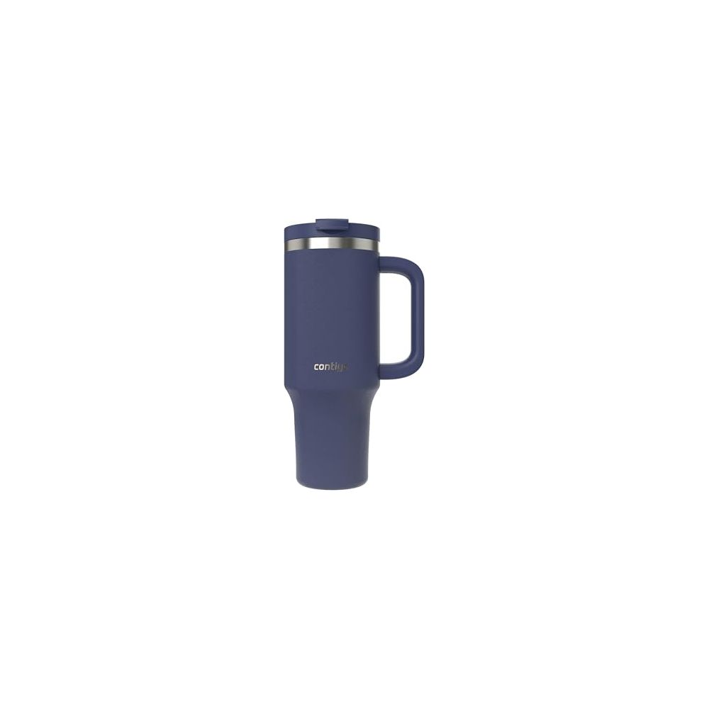 Ein blauer Becher mit Henkel und silbernem Deckel. Darauf steht 