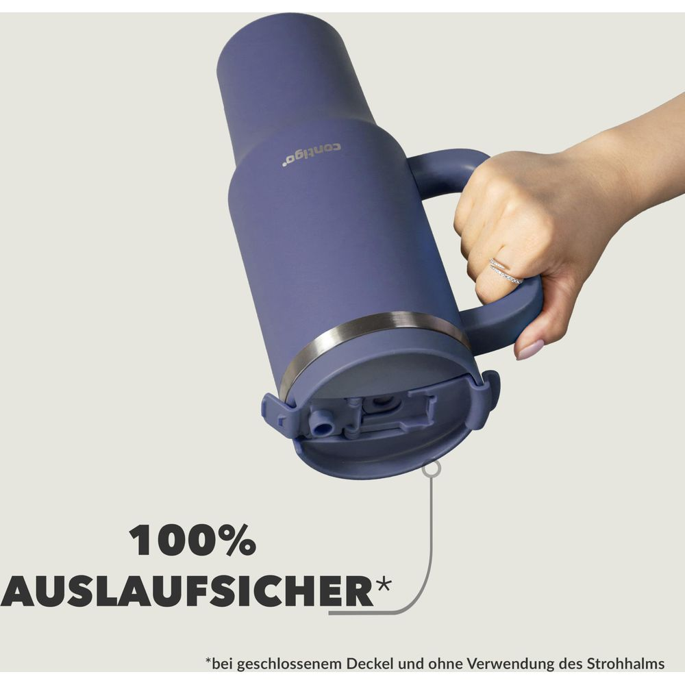 Eine Hand hält eine lila Contigo-Trinkflasche mit einem silbernen Ring und einem offenen Deckel.