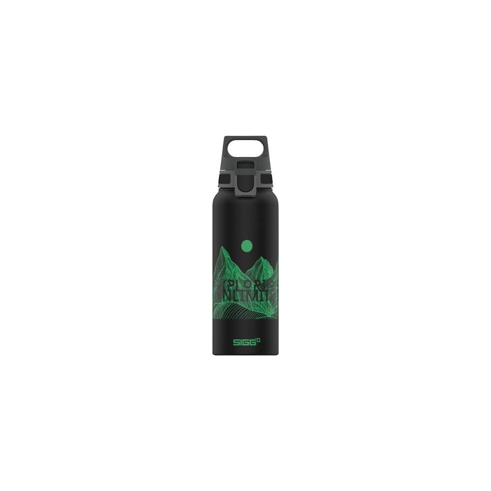 Schwarze Trinkflasche mit grünem Bergmotiv und SIGG-Logo.