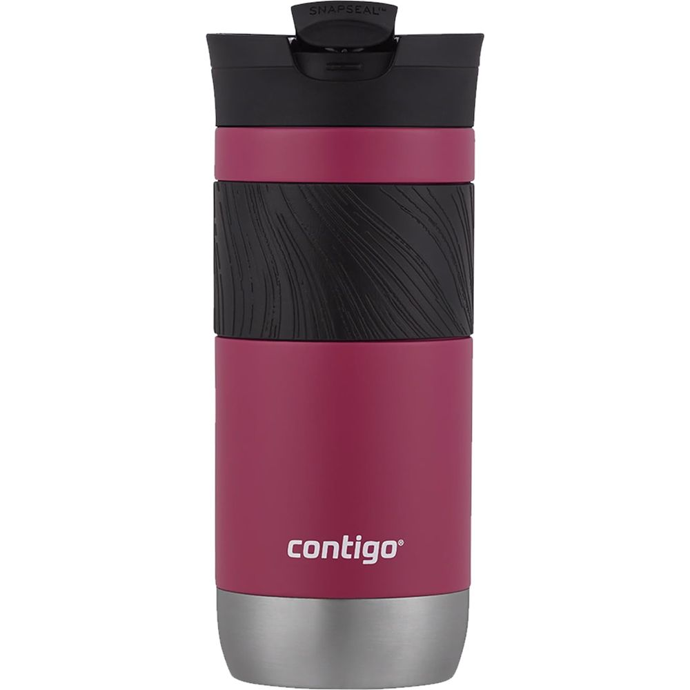 Eine rote Contigo-Thermoskanne mit schwarzem Deckel und Griff.