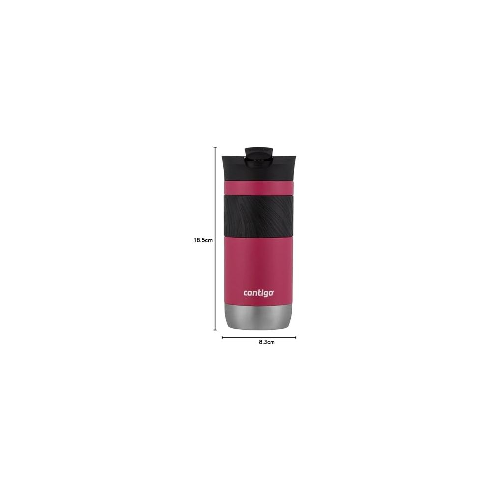 Eine rote Contigo-Trinkflasche mit schwarzem Griff und silbernem Boden.
