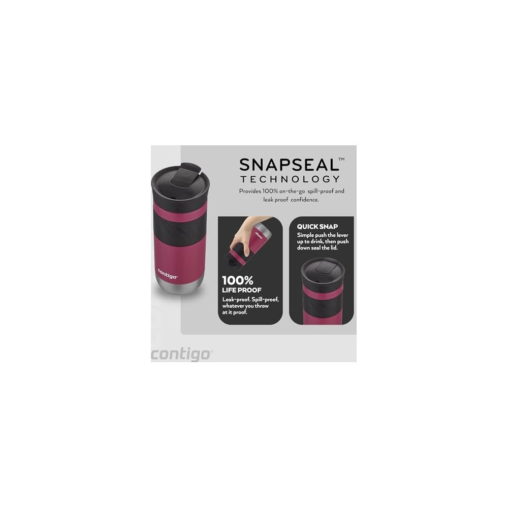 Ein pinker und silberner Becher mit dem Logo 'Contigo' und 'Snapseal'.
