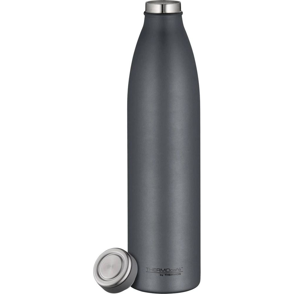 Eine graue Thermosflasche mit silbernem Deckel, daneben liegt der abmontierte Deckel.