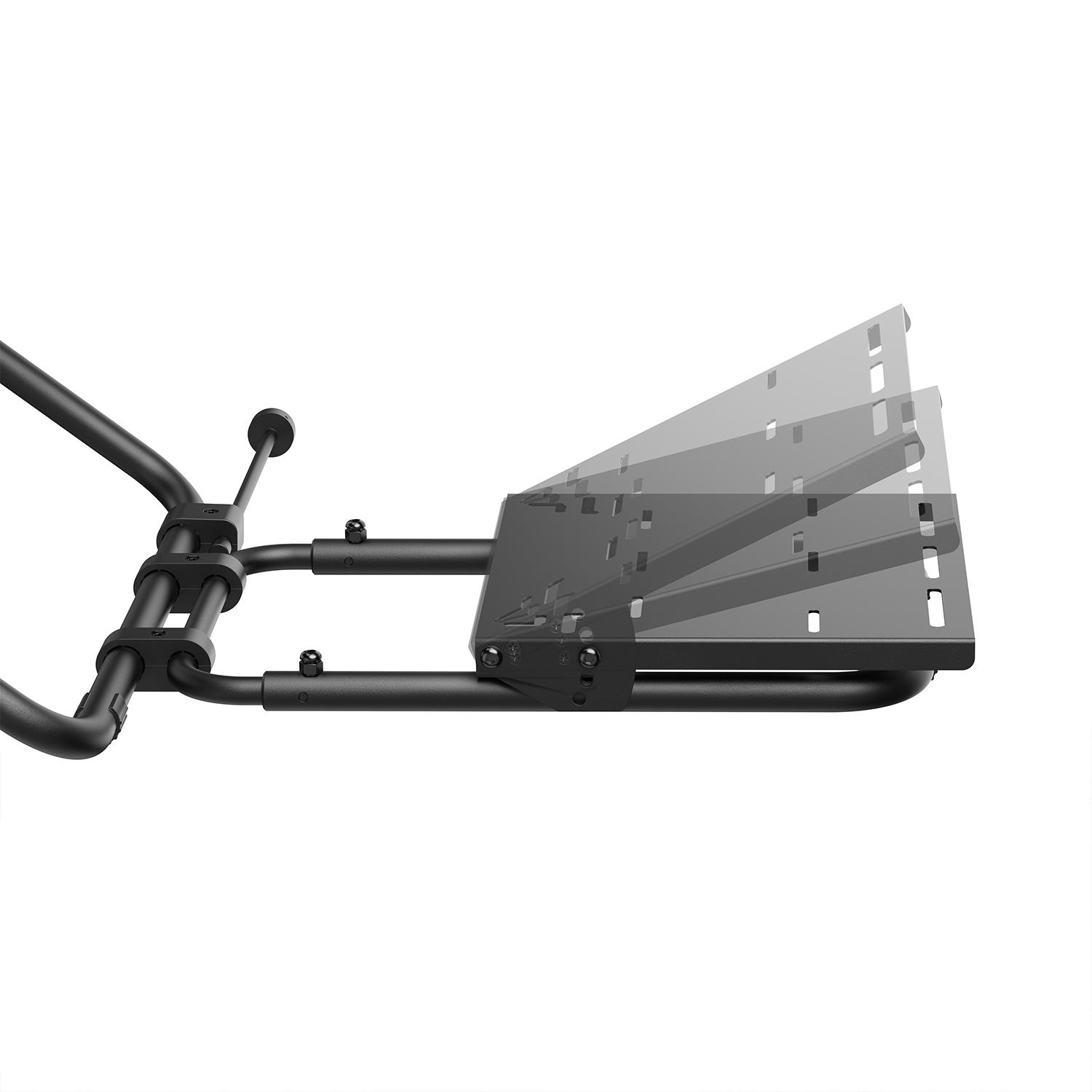 Siyah ayarlanabilir metal kol montaj plakalı, beyaz arka plan.